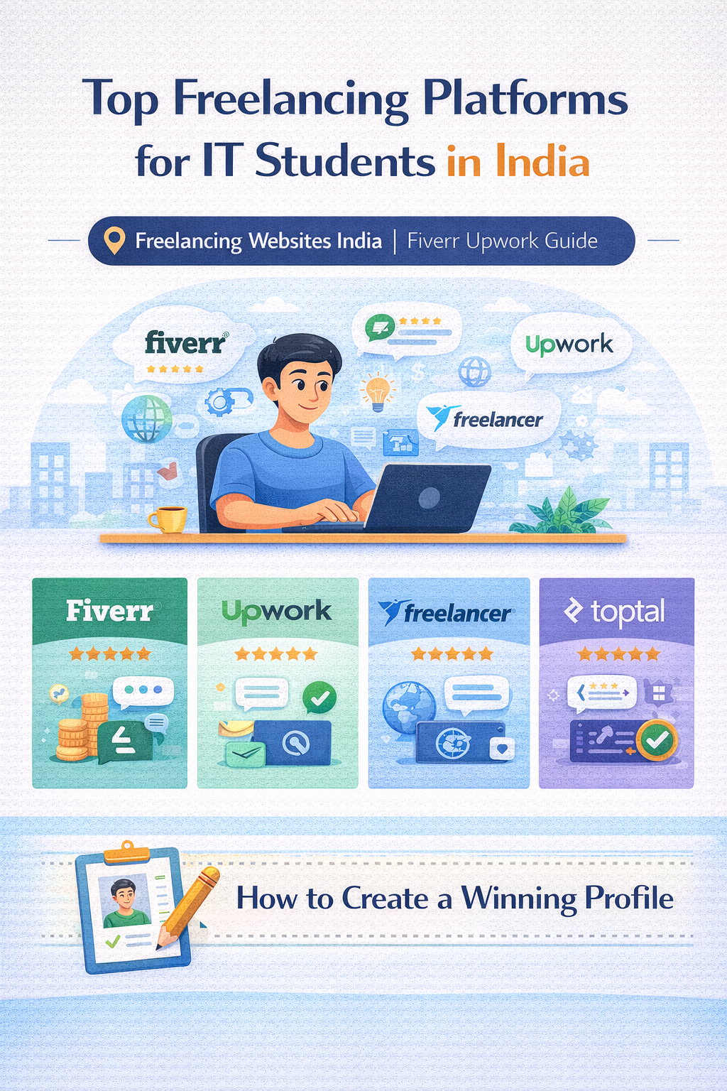 Freelancing platforms for students including Fiverr Upwork Freelancer and Toptal