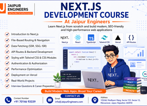 Next.js development course at Jaipur Engineers showing beginner to advanced training with React, TypeScript, Tailwind CSS and real world projects