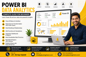 Power BI data analytics course banner with dashboard, DAX, and contact details