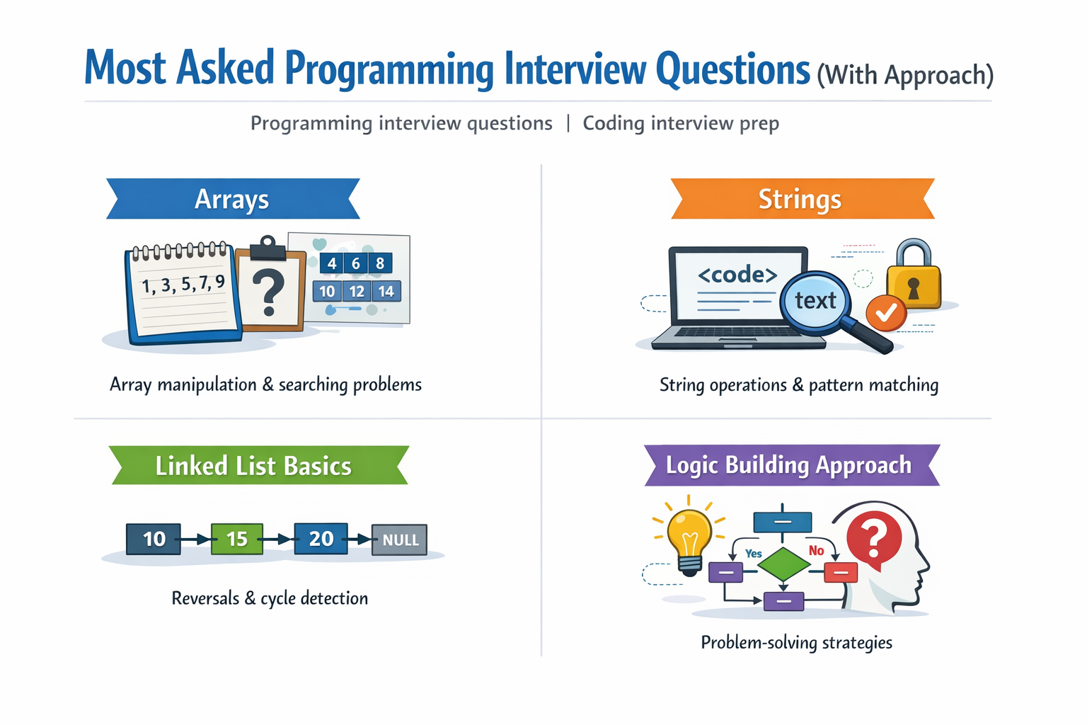 programming interview questions arrays strings linked list logic coding prep