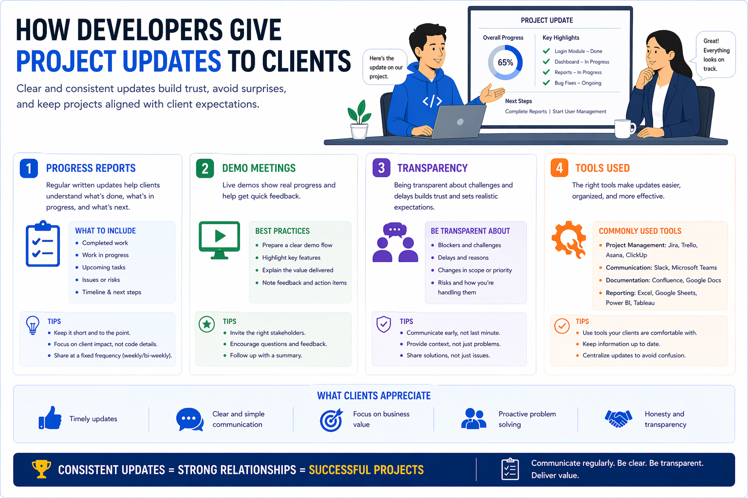 Developer presenting project updates and progress report to client