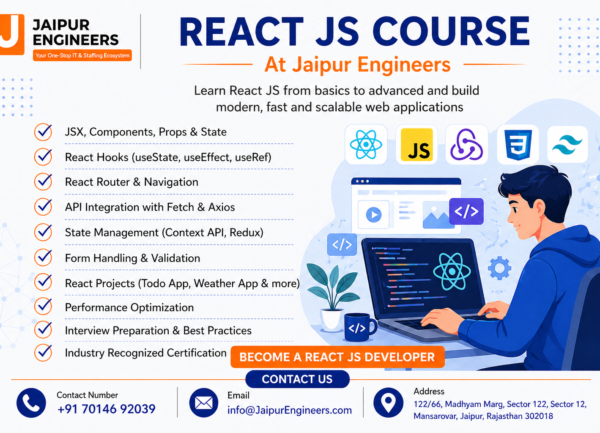 React JS course banner at Jaipur Engineers showing beginner to advanced training with hooks, routing, API integration and projects