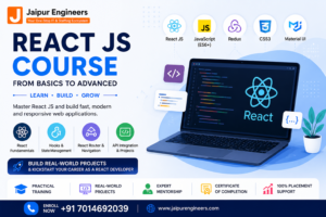 React JS course banner showing frontend development training with hooks, routing, API integration and real world projects