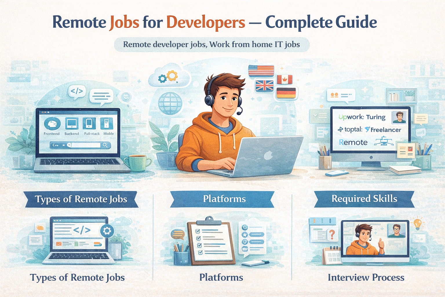 Remote developer jobs guide including job types platforms skills and interview process