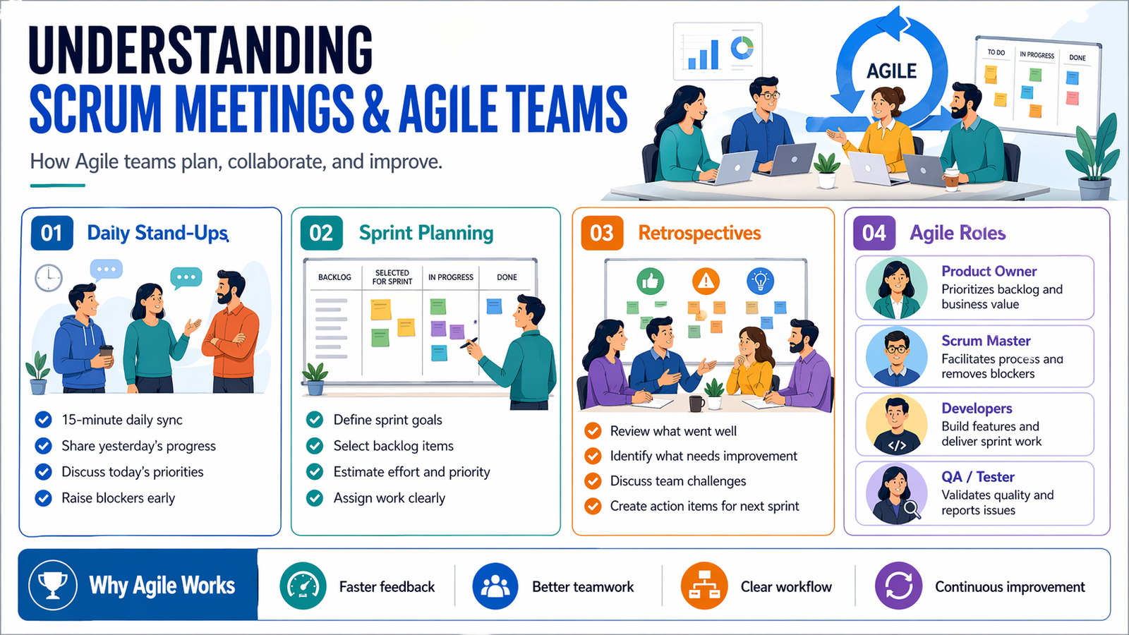 Scrum meetings including standup sprint planning retrospective and agile team roles