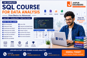 SQL for Data Analysis course banner with student, SQL queries, joins, and contact number with email for enrollment