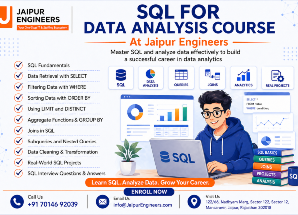 SQL for Data Analysis course banner by Jaipur Engineers with student learning SQL, queries, joins, and data analysis
