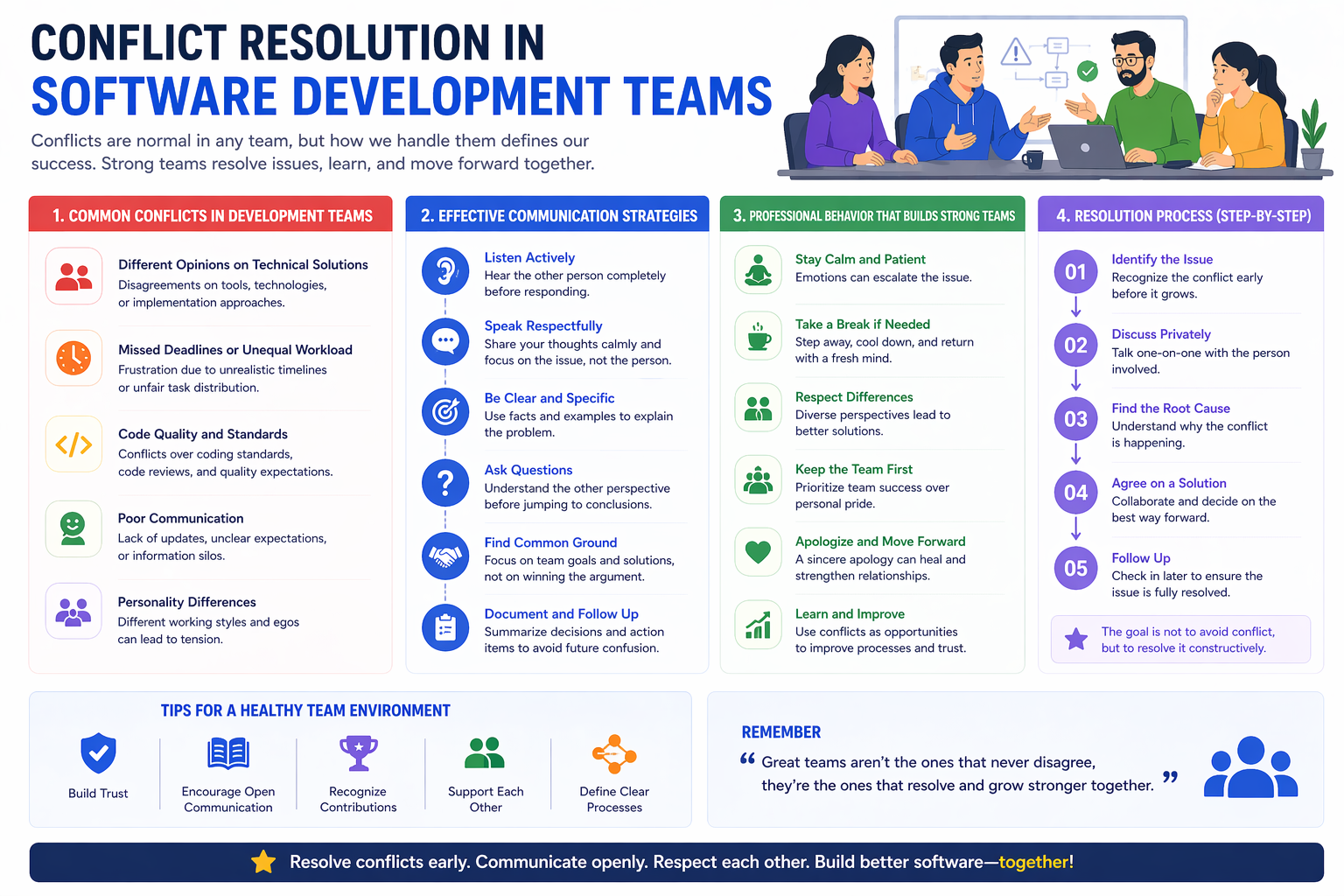 Software developers resolving team conflicts through communication and collaboration