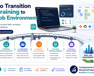 student transitioning from training to real IT job environment coding and teamwork