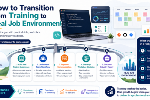 training-to-job-transition-it-2026 student transitioning from training to real IT job environment coding and teamwork