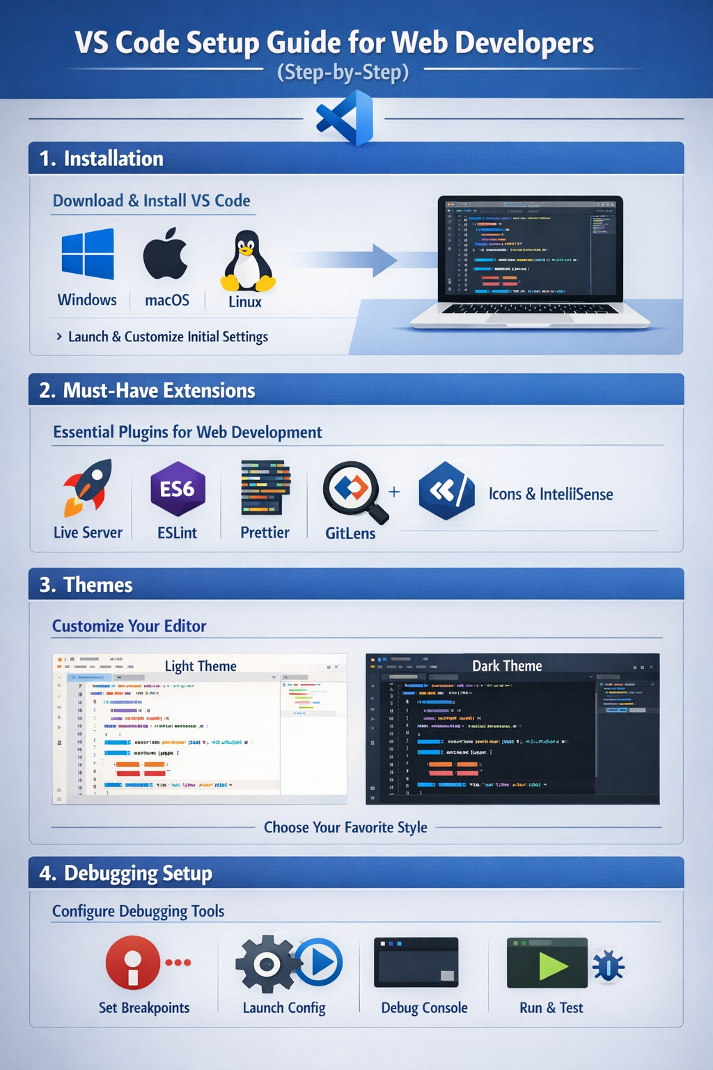 VS Code setup extensions themes debugging web developers