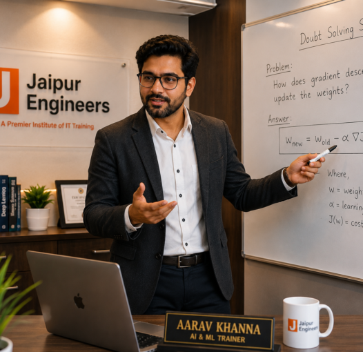 Aarav Khanna AI and machine learning trainer solving student doubts in Jaipur Engineers office