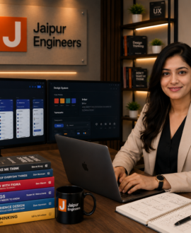 Meera Choudhary UI UX and product design trainer working in Jaipur Engineers' office with Figma and UX design setup