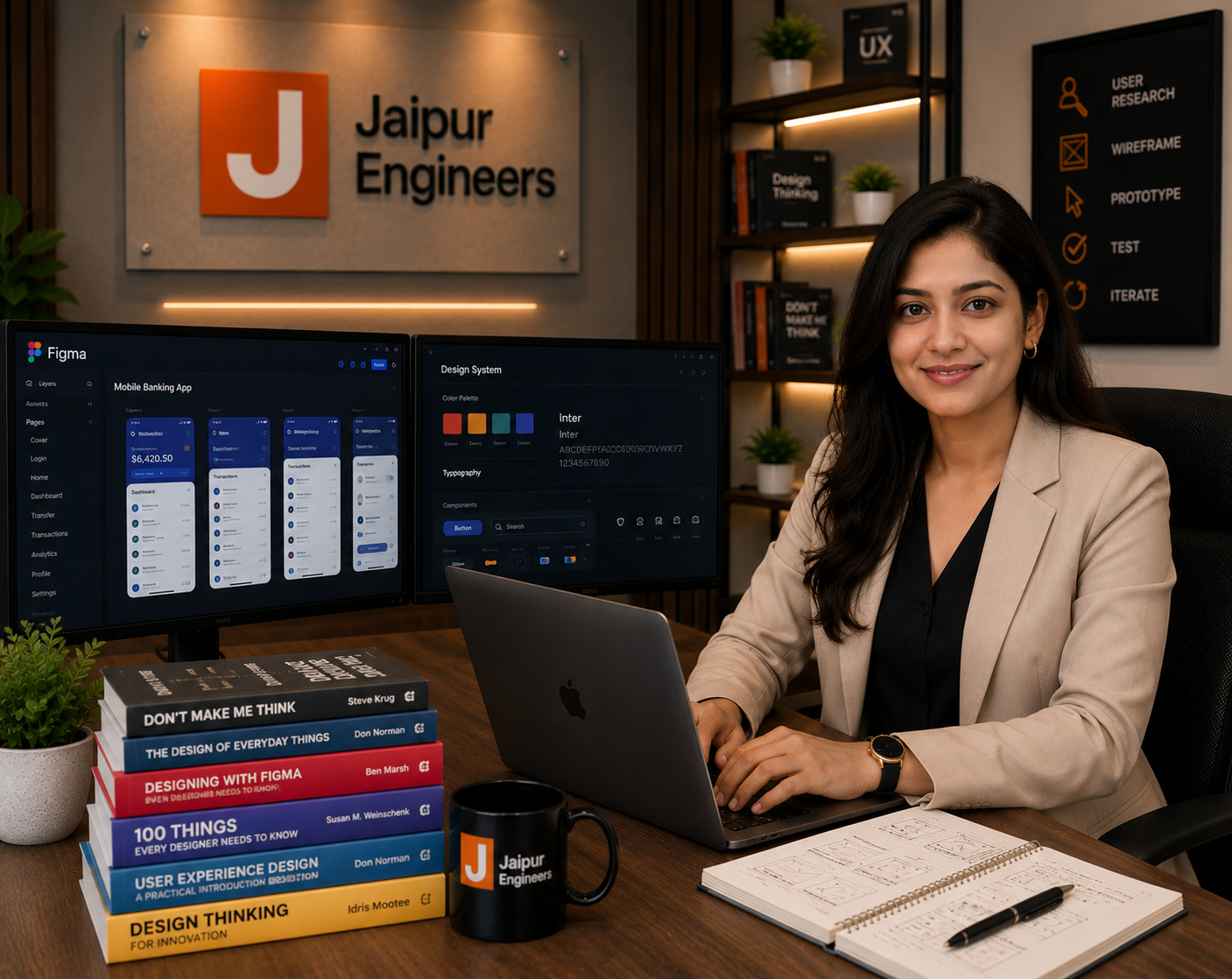 Meera Choudhary UI UX and product design trainer working in Jaipur Engineers' office with Figma and UX design setup