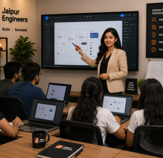 Meera Choudhary teaching UI UX design and Figma training to students at Jaipur Engineers classroom