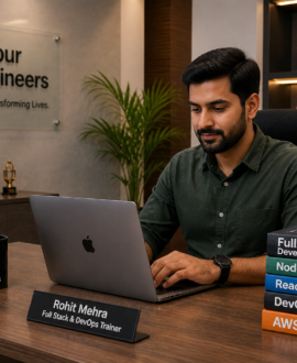 Rohit Mehra full stack and devops trainer in Jaipur working on laptop in the engineers' office in Jaipur.