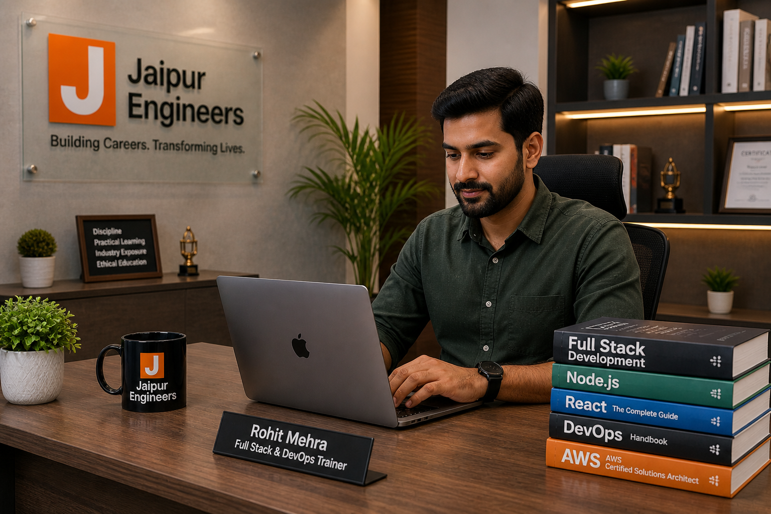 Rohit Mehra full stack and devops trainer in Jaipur working on laptop in the engineers' office in Jaipur.