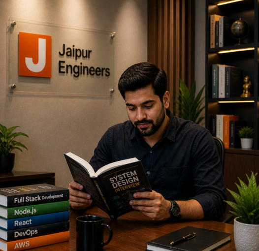 Rohit Mehra full stack and devops trainer in Jaipur reading technical book in Jaipur engineers' office.