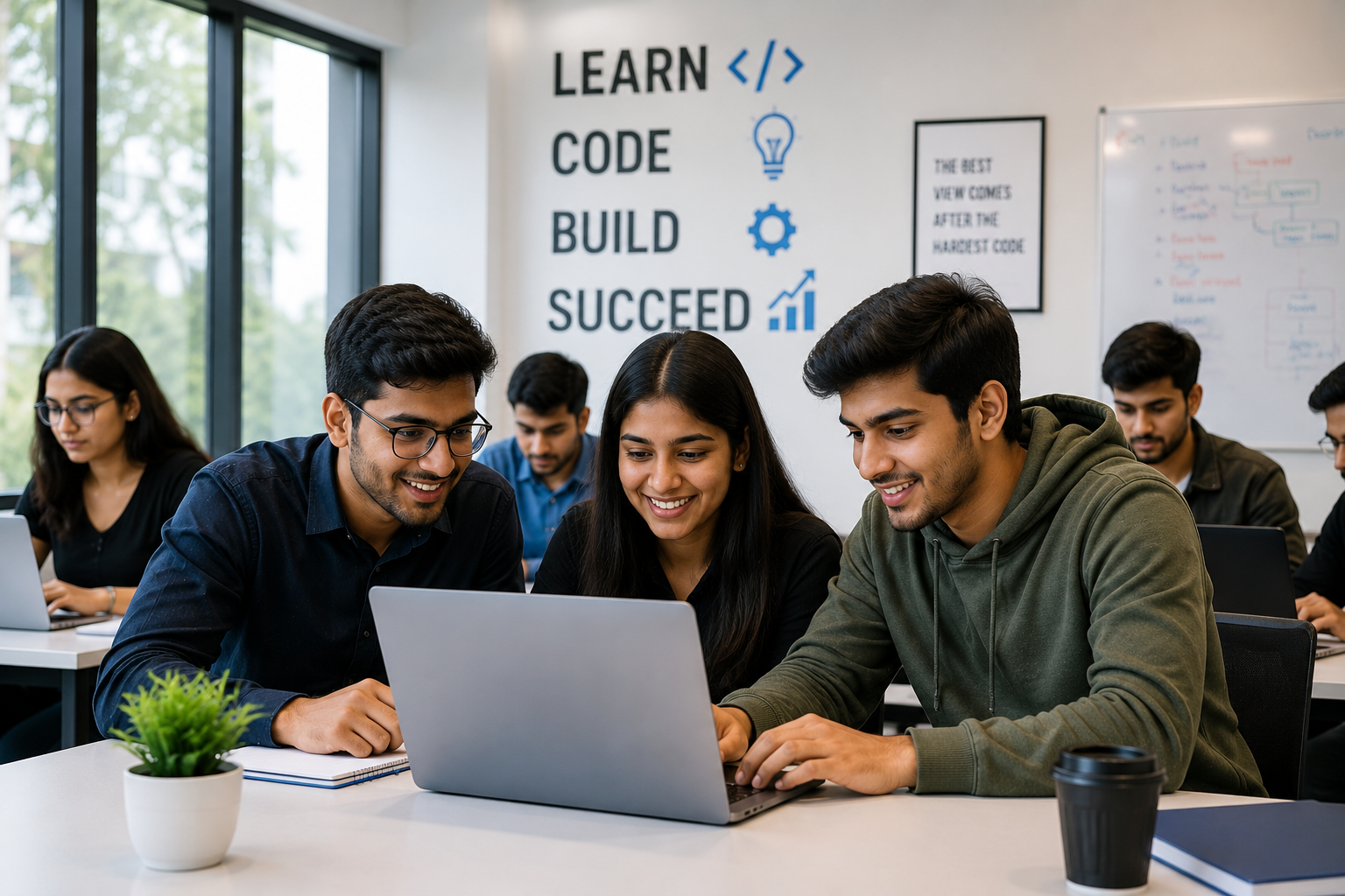 Students collaborating on a laptop during a software development training session in a modern computer lab with expert guidance.