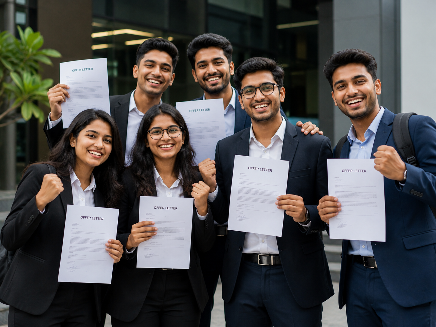 Group of Indian students celebrating job placements while holding offer letters outside a modern corporate office after completing IT training.