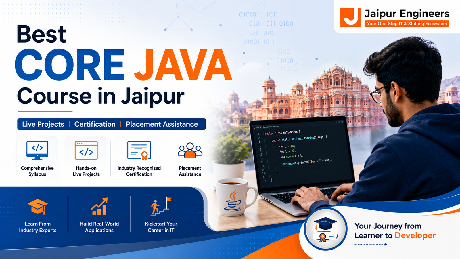 Students learning Core Java programming at Jaipur Engineers with industry-focused training, live projects, certification, placement assistance, and Java developer career opportunities in Jaipur.