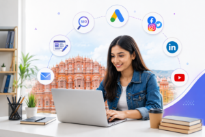 Student learning digital marketing on a laptop with SEO, Google Ads, social media, and analytics icons representing digital marketing training in Jaipur.