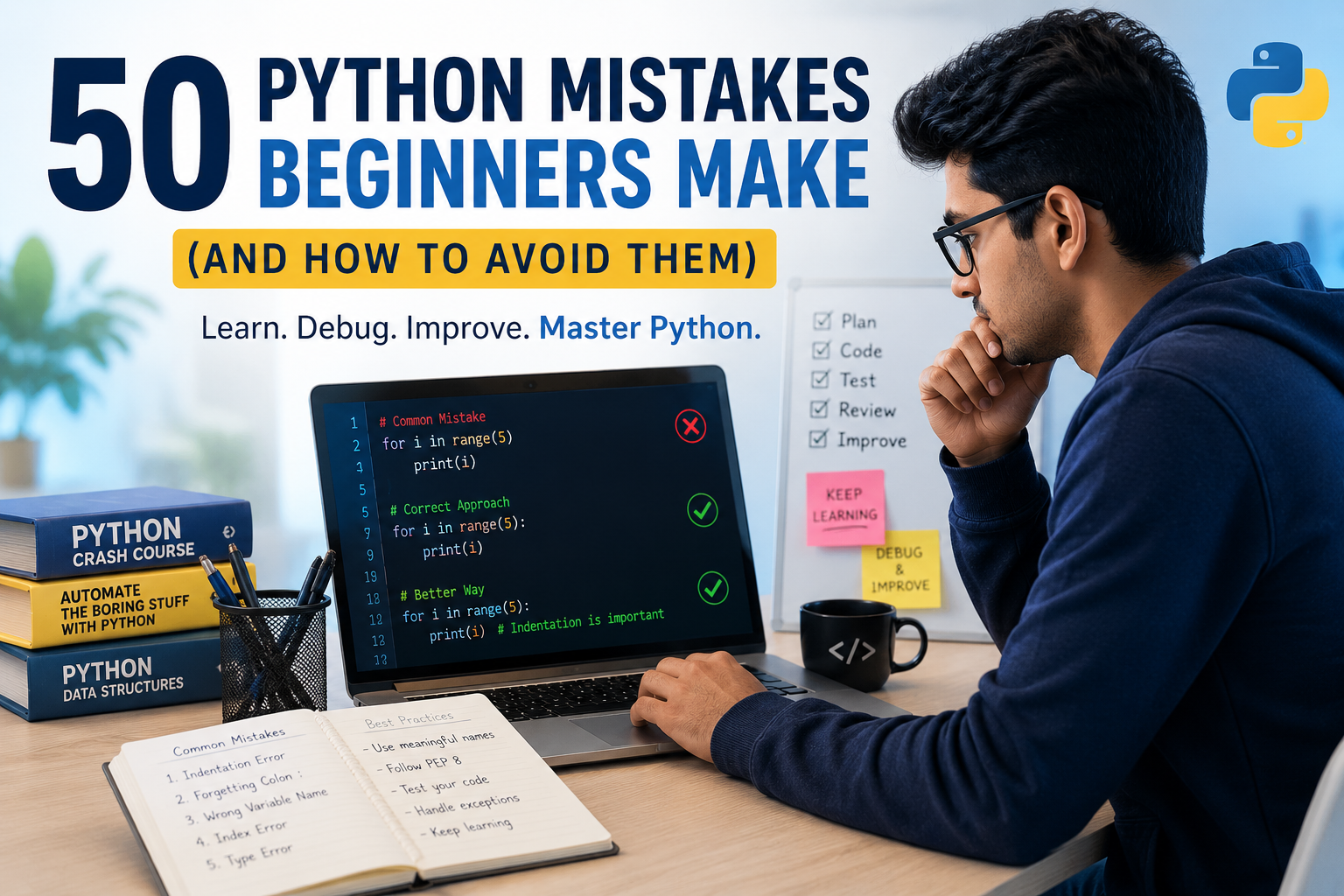 50 Python mistakes beginners make explained with practical coding examples, debugging techniques, and Python best practices.