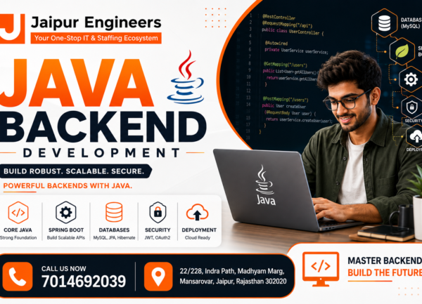 Java Backend Developer Course in Jaipur at Jaipur Engineers covering Core Java, Spring Boot, Hibernate, REST API, Microservices, MySQL, Docker, and live industry projects