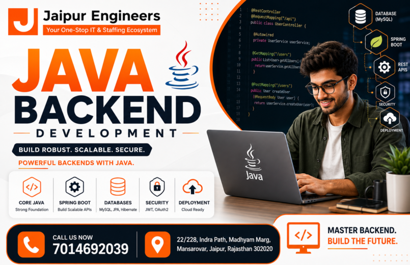 Java Backend Developer Course in Jaipur at Jaipur Engineers covering Core Java, Spring Boot, Hibernate, REST API, Microservices, MySQL, Docker, and live industry projects