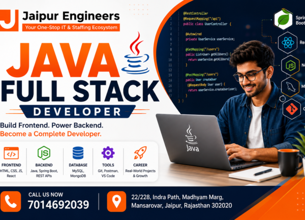 Java Full Stack Developer Course in Jaipur at Jaipur Engineers covering Core Java, Spring Boot, React.js, Hibernate, REST APIs, MySQL, Docker, Git, and live industry projects