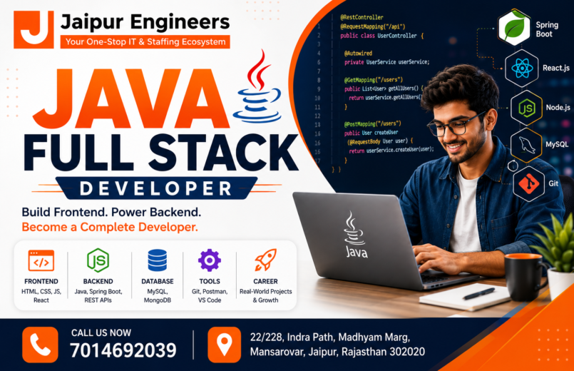 Java Full Stack Developer Course in Jaipur at Jaipur Engineers covering Core Java, Spring Boot, React.js, Hibernate, REST APIs, MySQL, Docker, Git, and live industry projects