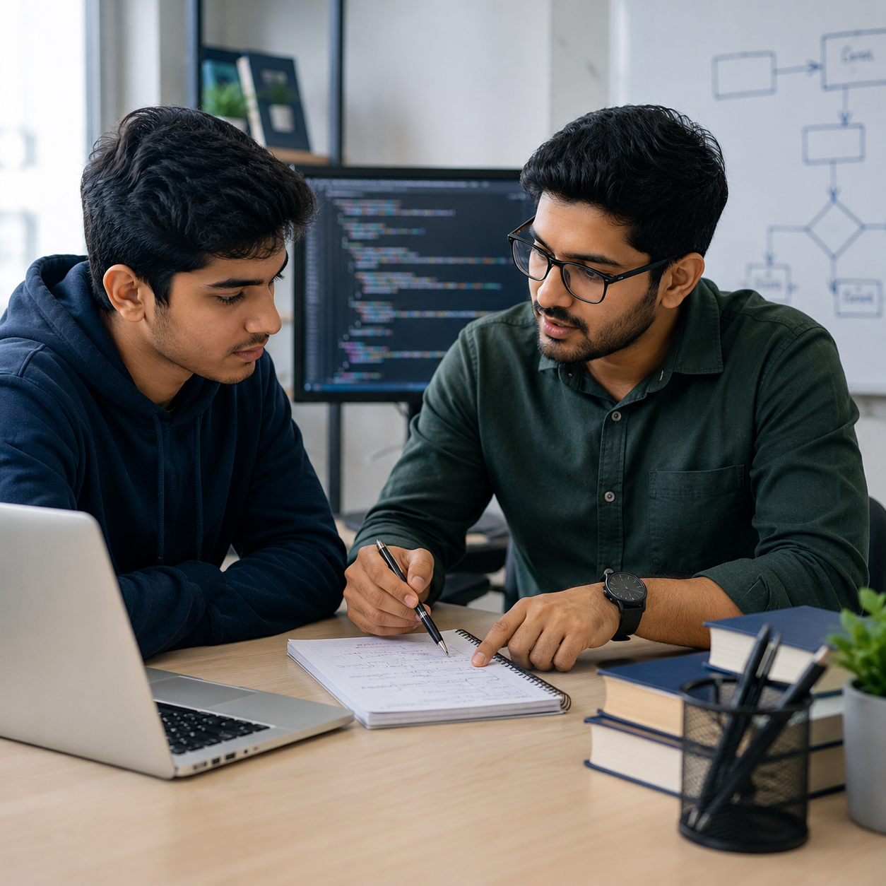 IT instructor providing one-on-one mentoring to a student during a software development training session in a modern learning environment.