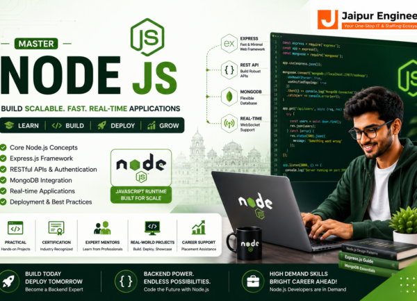 Node.js Course in Jaipur at Jaipur Engineers covering Node.js, Express.js, MongoDB, REST API, JWT Authentication, Socket.IO, Docker, Git, and live backend projects