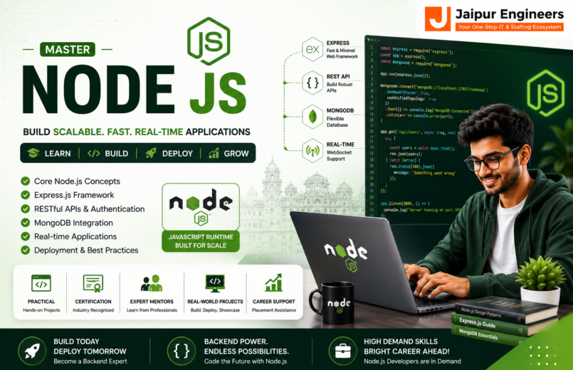 Node.js Course in Jaipur at Jaipur Engineers covering Node.js, Express.js, MongoDB, REST API, JWT Authentication, Socket.IO, Docker, Git, and live backend projects
