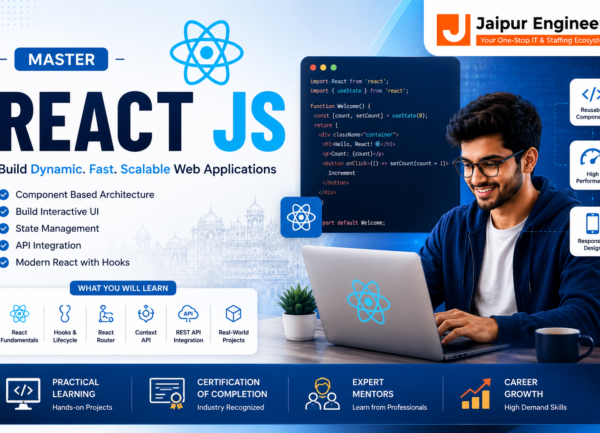 React JS Course in Jaipur at Jaipur Engineers with JavaScript ES6, React Hooks, Redux Toolkit, REST API integration, Vite, GitHub, and live frontend development projects