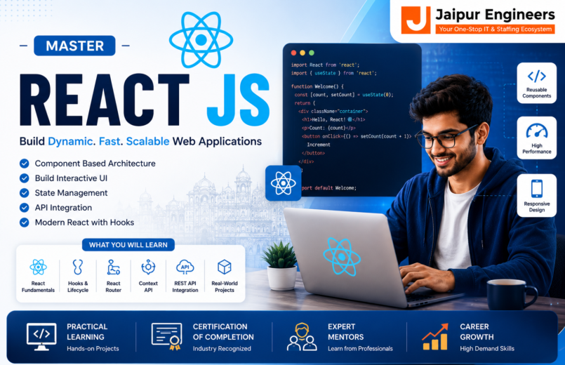 React JS Course in Jaipur at Jaipur Engineers with JavaScript ES6, React Hooks, Redux Toolkit, REST API integration, Vite, GitHub, and live frontend development projects