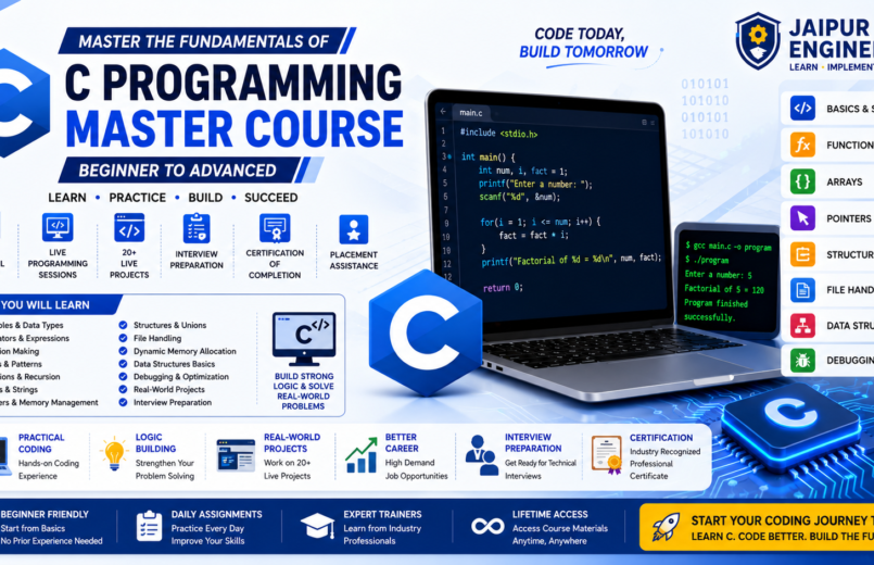 C Programming Course in Jaipur with practical coding, arrays, pointers, file handling, data structures, and live projects