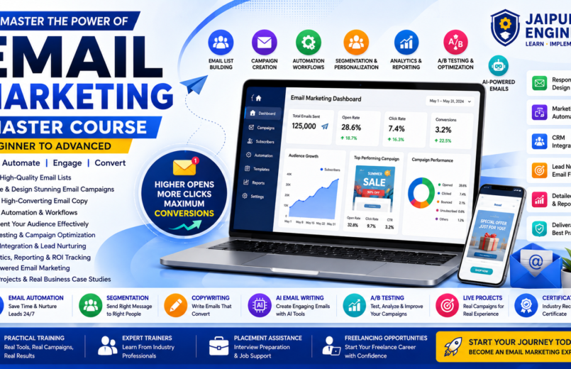 Email Marketing Course in Jaipur covering email automation, campaign creation, CRM integration, copywriting, A/B testing, and analytics
