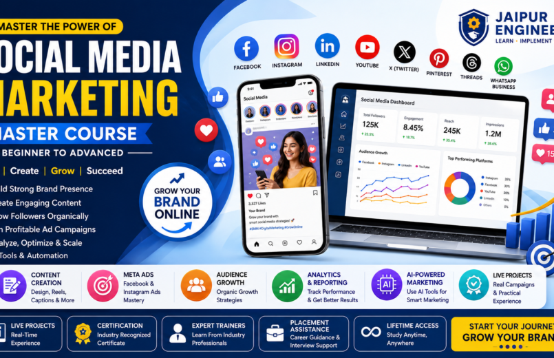 Social Media Marketing Course in Jaipur covering Facebook, Instagram, LinkedIn, YouTube, Meta Ads, and AI Content Marketing
